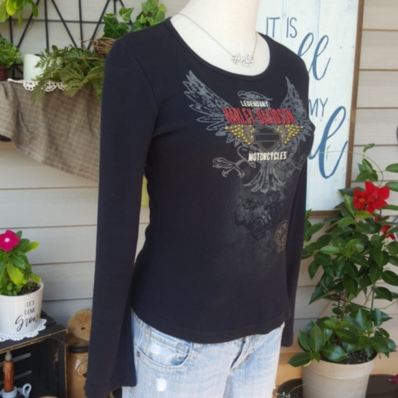 HARLEY-DAVIDSON ♡ Black Long Sleeve Red 'n Gold Embellished Legendary H-D Top S - Picture 6 of 17